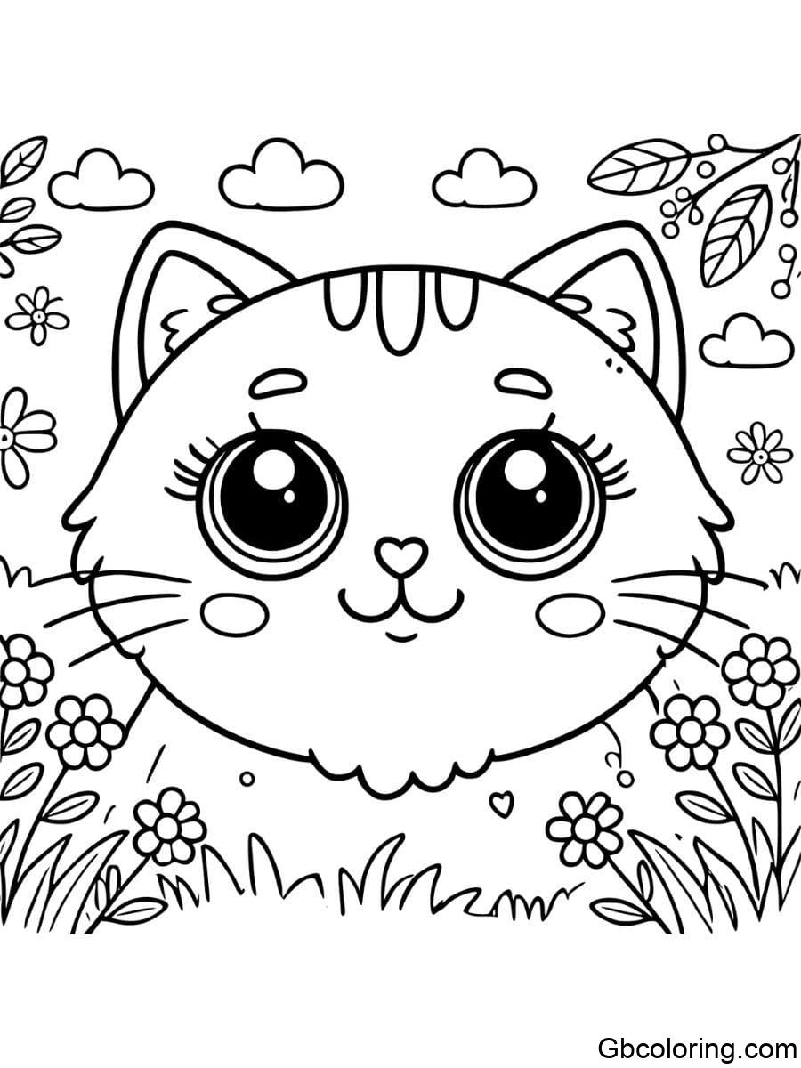 happy cat face with flowers coloring pages