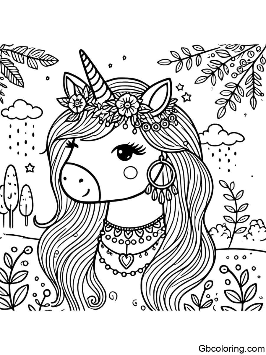 unicorn face jewelry wearing coloring pages