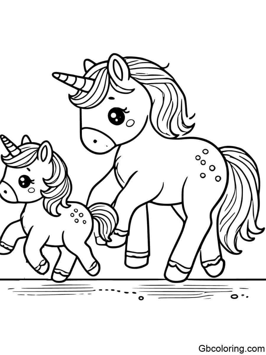 baby unicorn coloring pages taking its first steps with the support of its parents