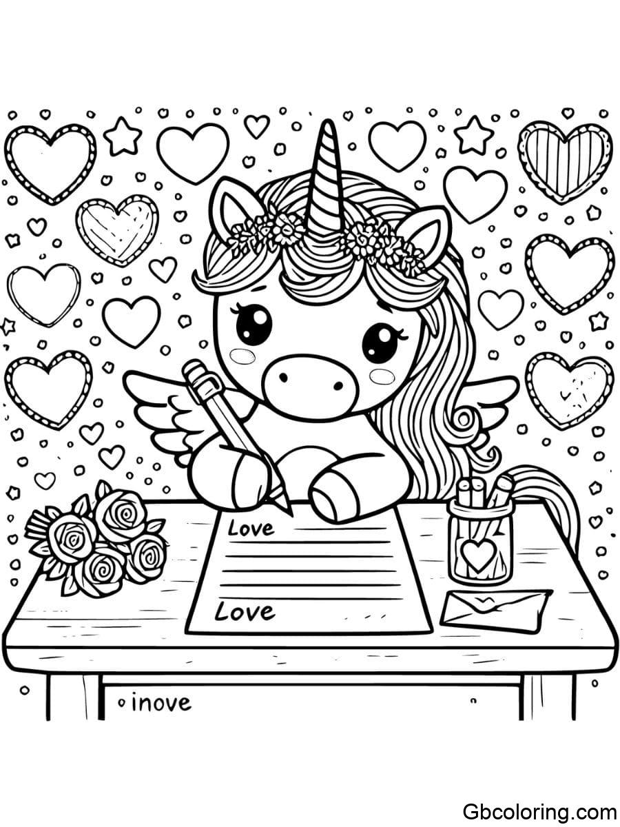 valentines unicorn love letters coloring pages