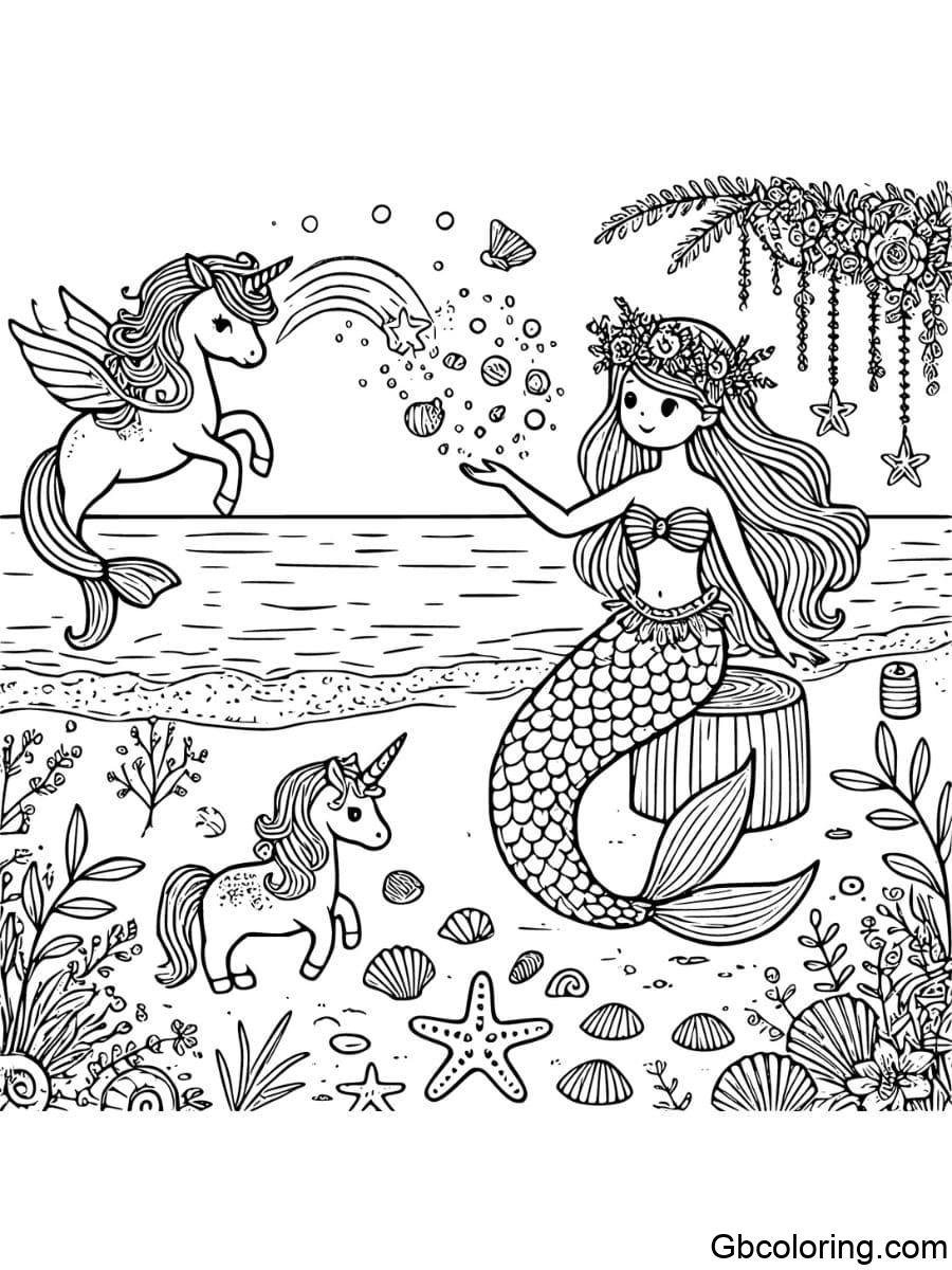 mermaid decorating beach with unicorn coloring pages