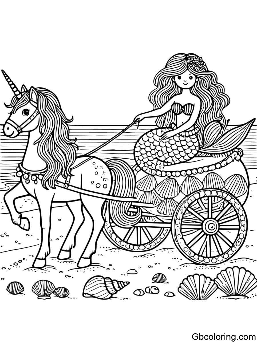 mermaid in chariot pulled by unicorn coloring pages