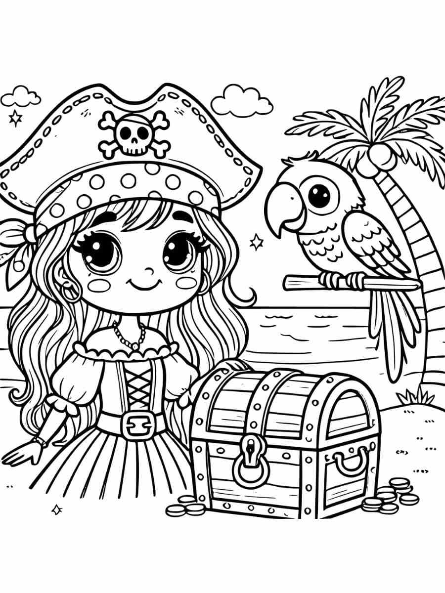 Pirate Girl With Parrot pirate coloring pages