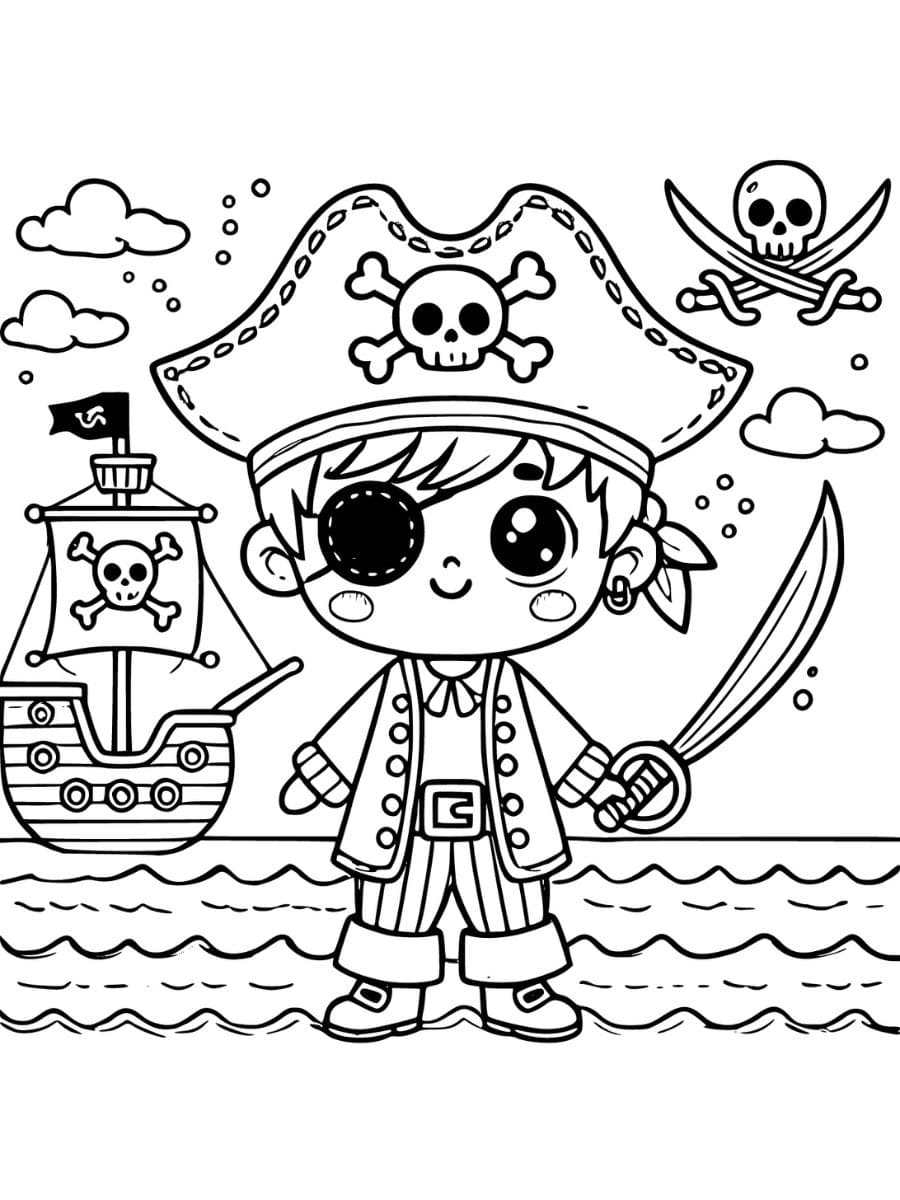 Pirate Boy With Ship pirate coloring pages