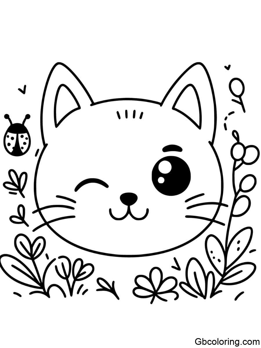 playful cat face with ladybug coloring pages