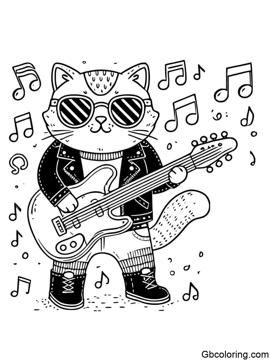 cool cat playing guitar coloring pages