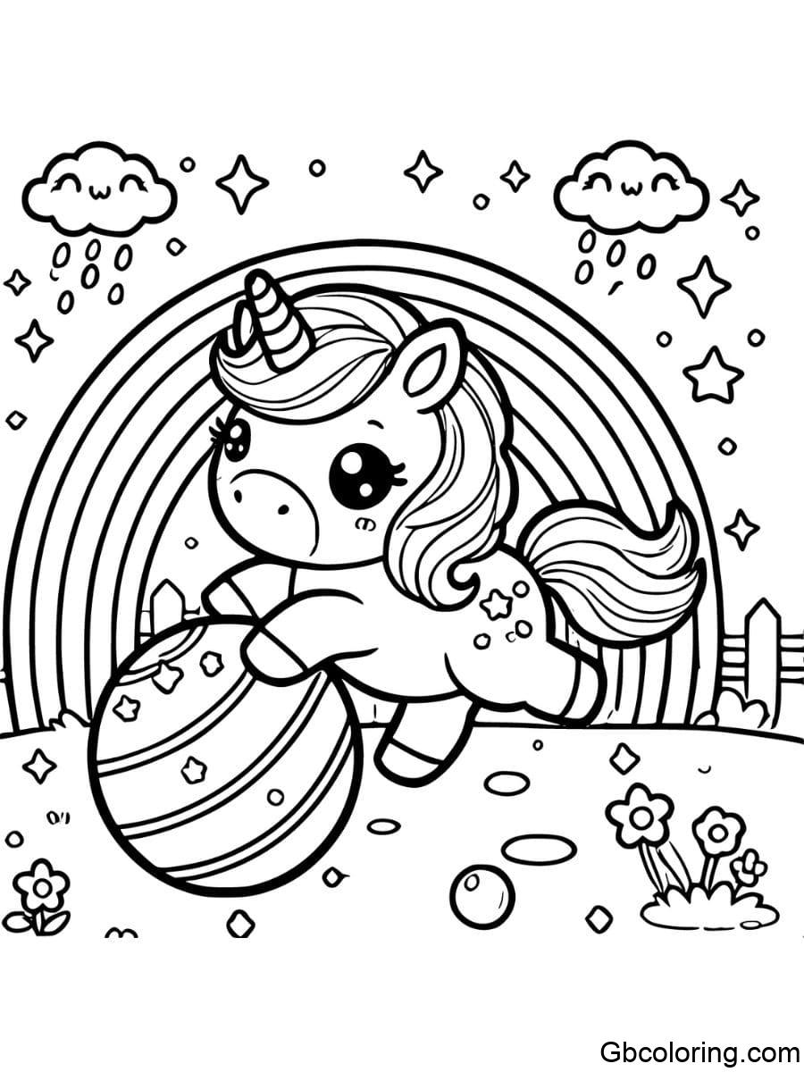 cute unicorn coloring pages playing with a ball and a rainbow