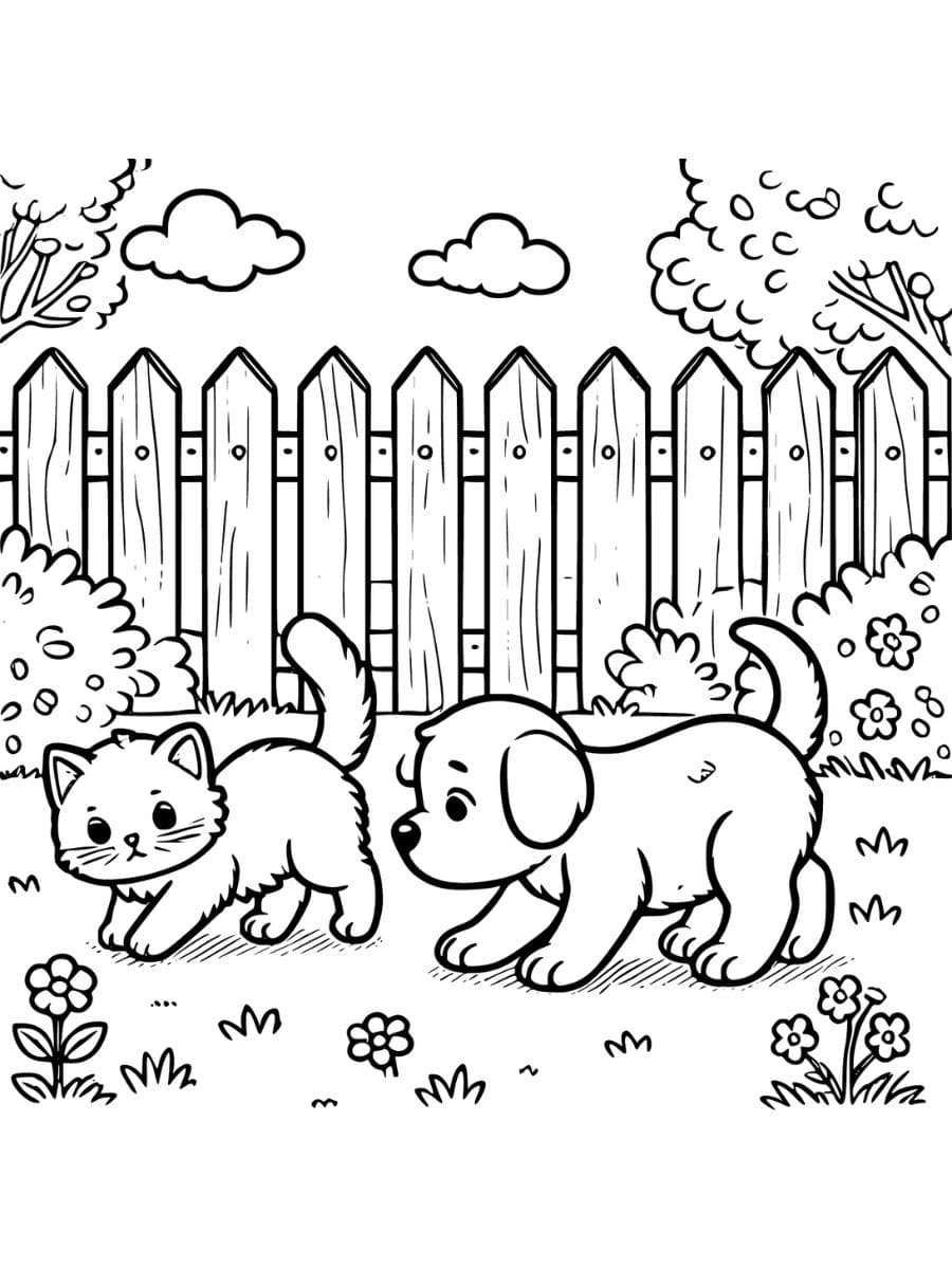 puppy and cat coloring pages exploring backyard