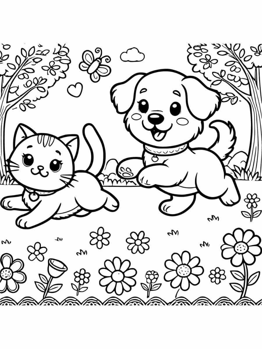 puppy and cat coloring pages playing garden