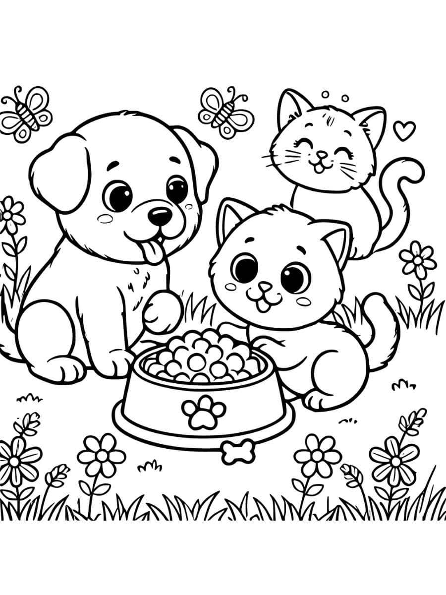 puppy and cat coloring pages sharing food bowl