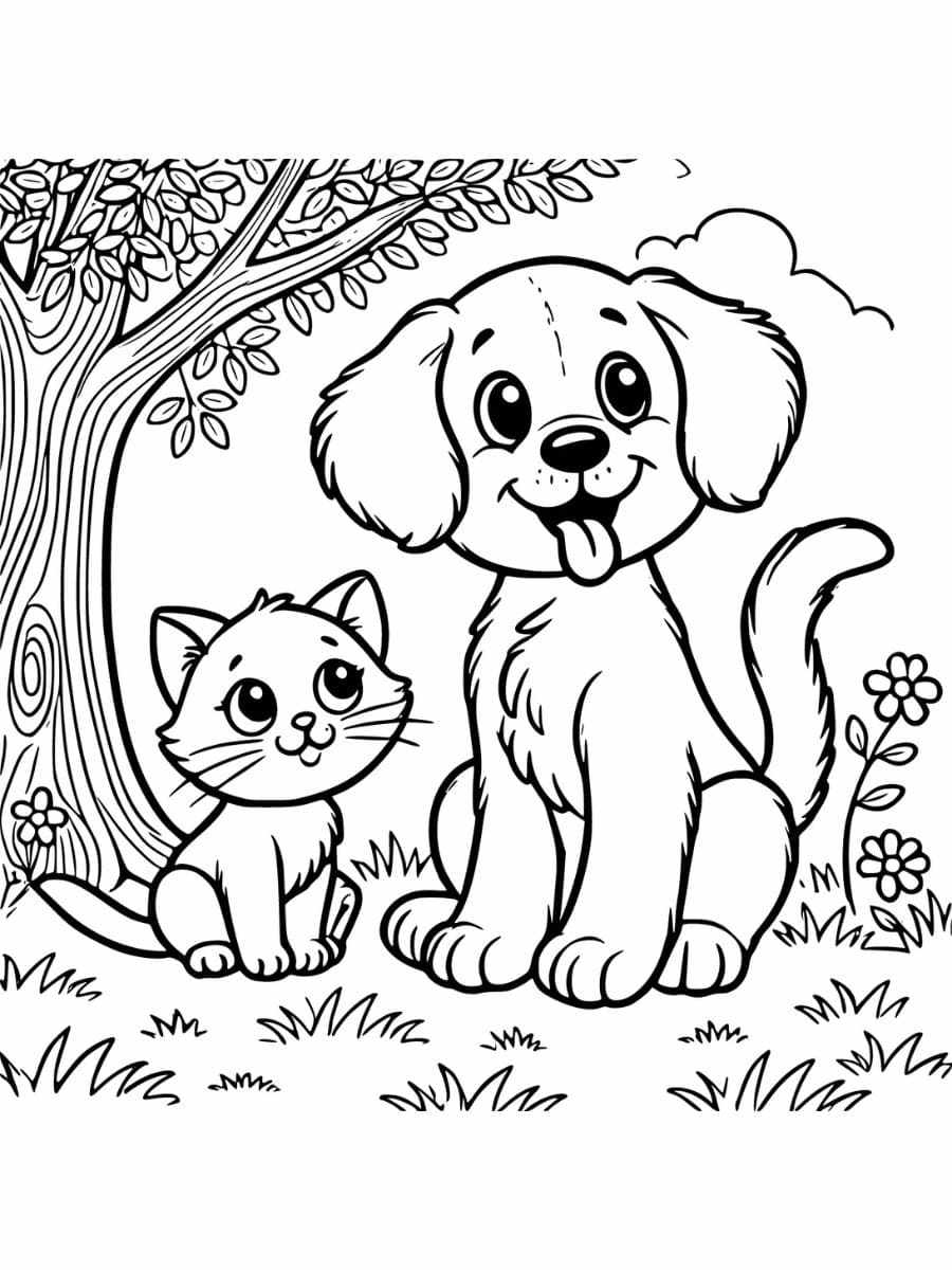 puppy and cat coloring pages sitting under tree