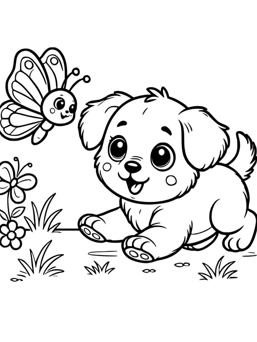 Puppy coloring pages chasing a butterfly