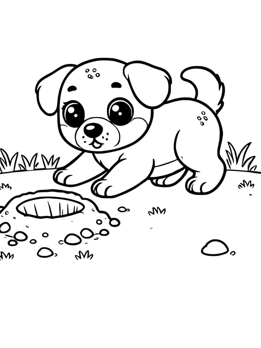 Puppy coloring pages digging a hole