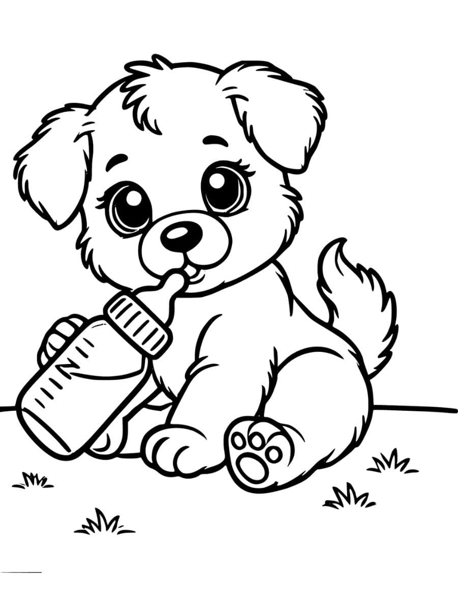 Puppy coloring pages drinking milk from a bottle