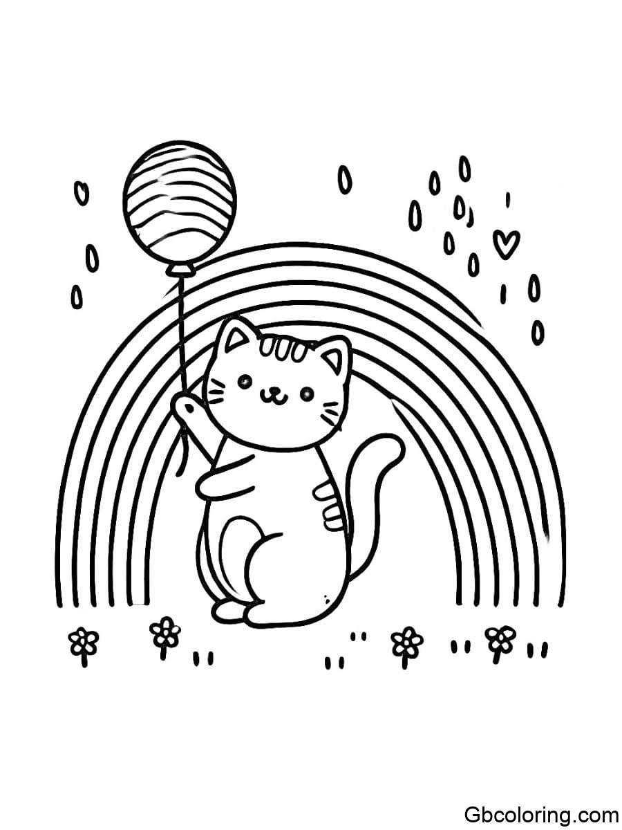 rainbow cat holding balloon with rainbow background coloring pages