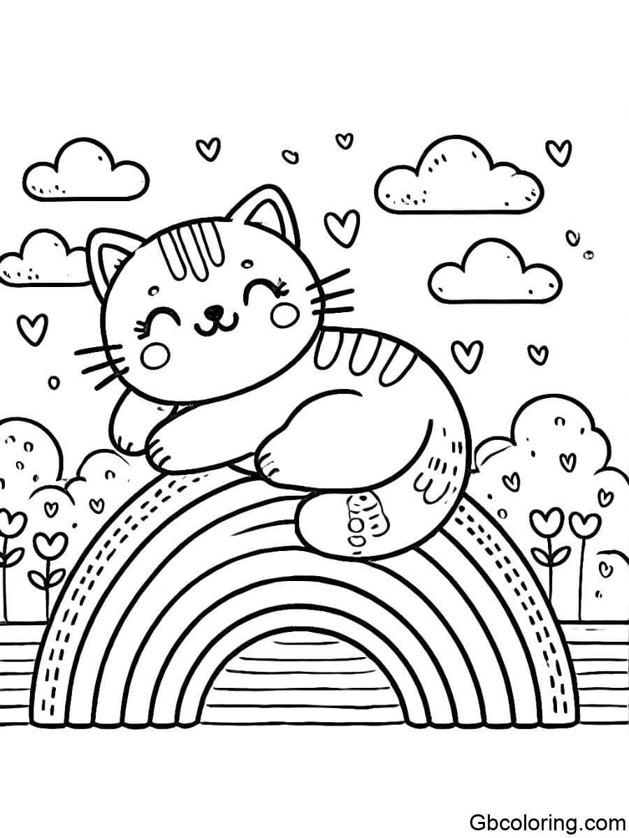 rainbow cat lying on rainbow coloring pages