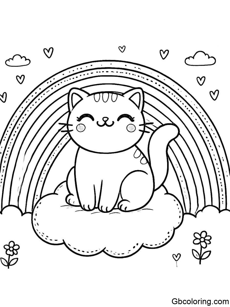 rainbow cat on cloud with rainbow background coloring pages