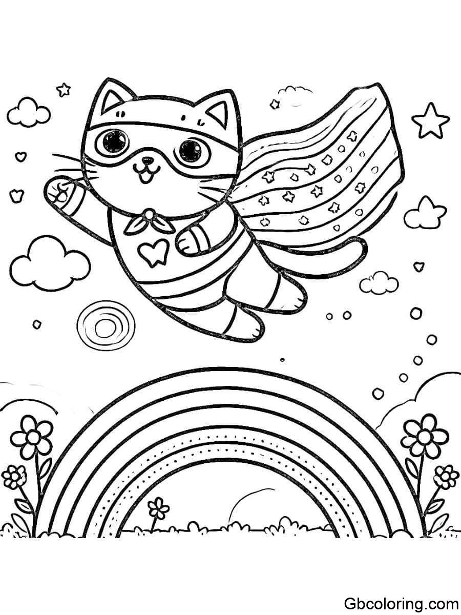 rainbow cat superhero flying over rainbow coloring pages