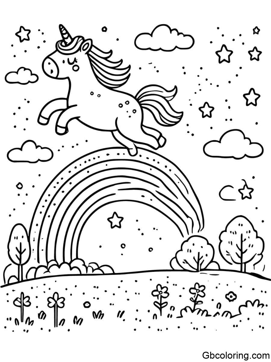 rainbow unicorn jumping over a rainbow with clouds and stars coloring pages