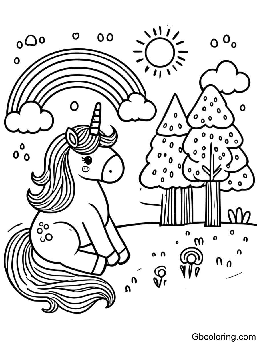 rainbow unicorn coloring pages sitting next to a rainbow with trees and sun