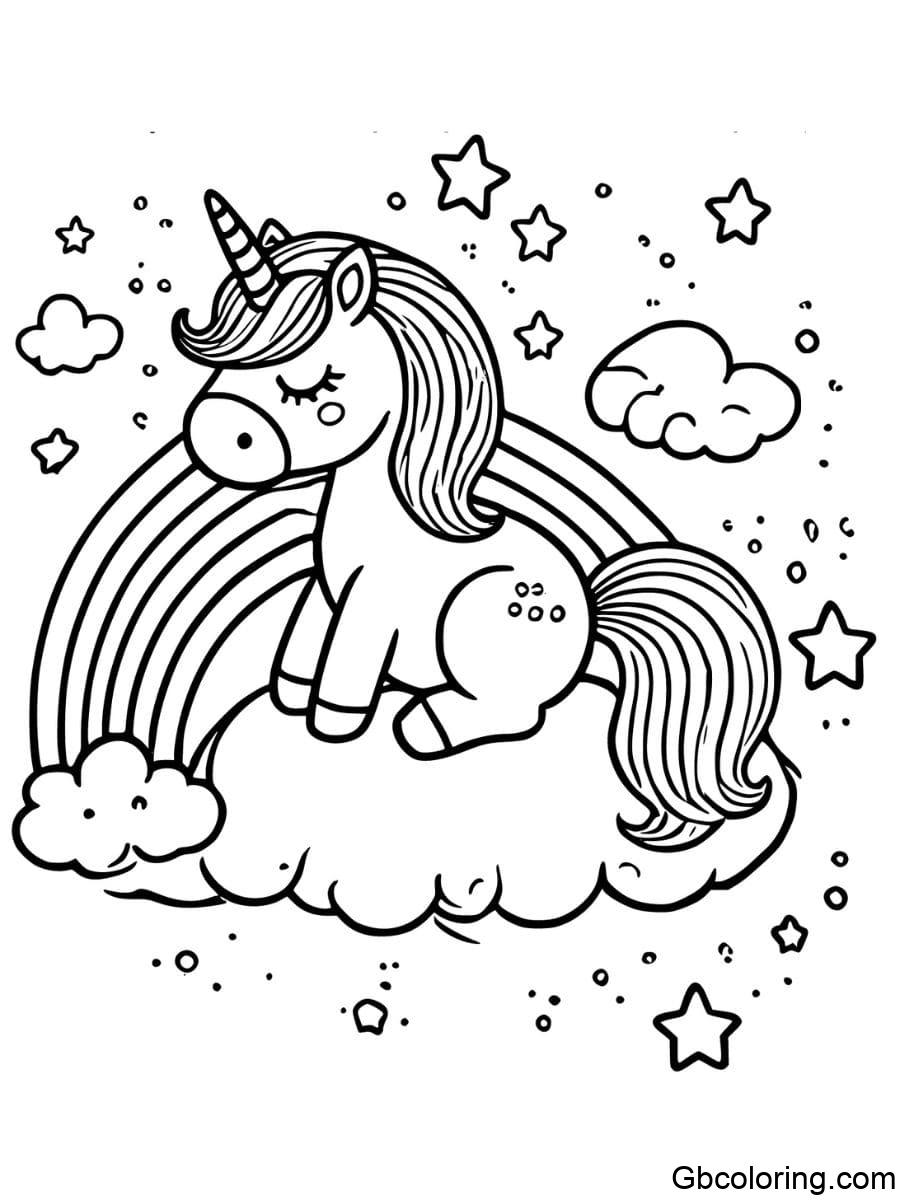 rainbow unicorn sitting on a cloud with a rainbow above coloring pages