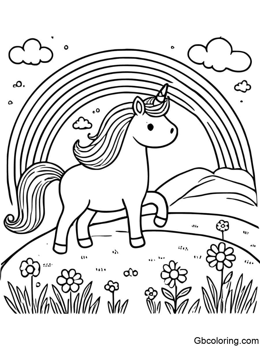 rainbow unicorn standing on a grassy hill coloring pages