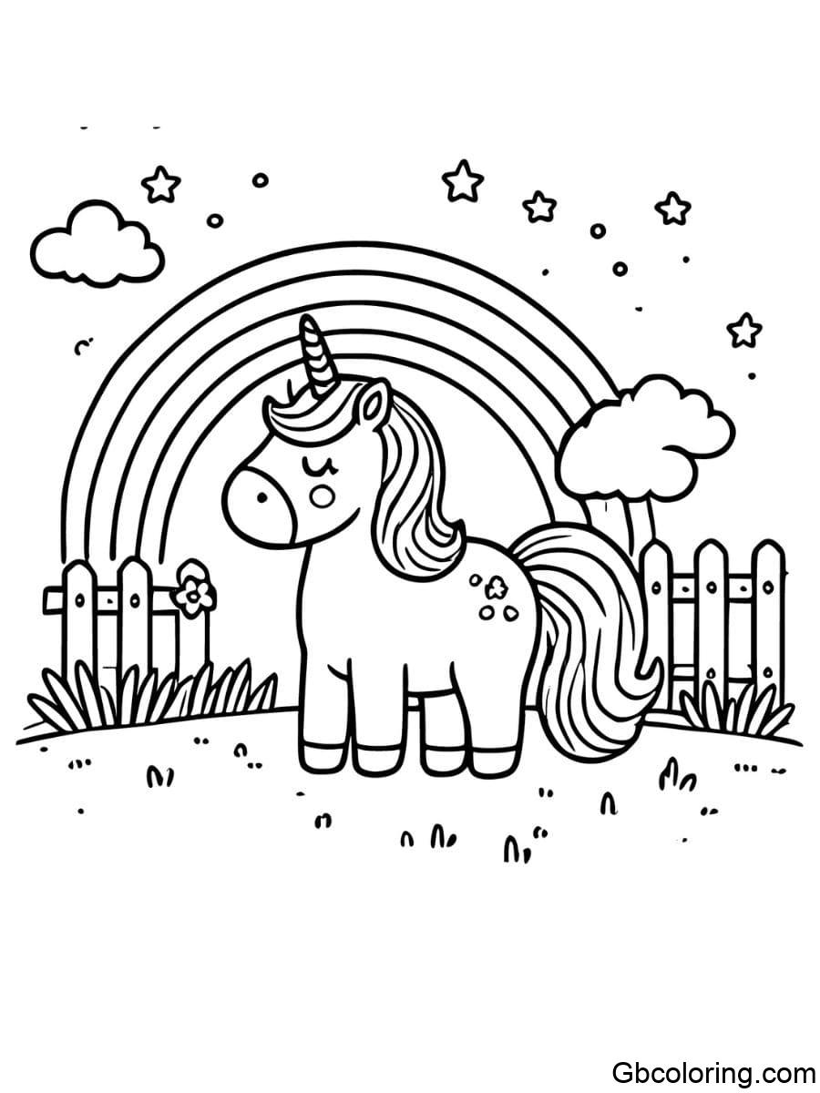 rainbow unicorn coloring pages under a rainbow with stars and clouds