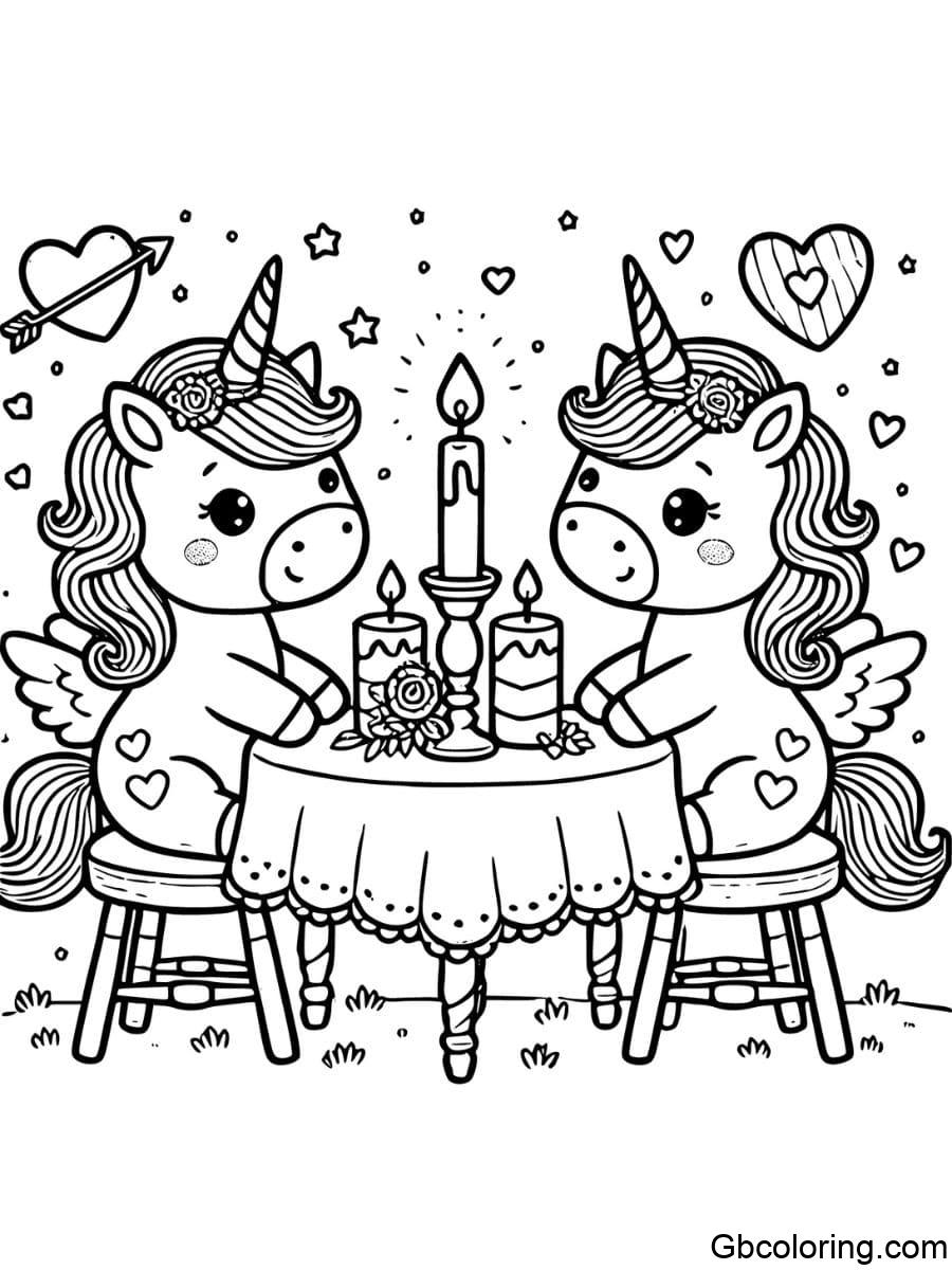 valentines unicorn romantic dinner coloring pages