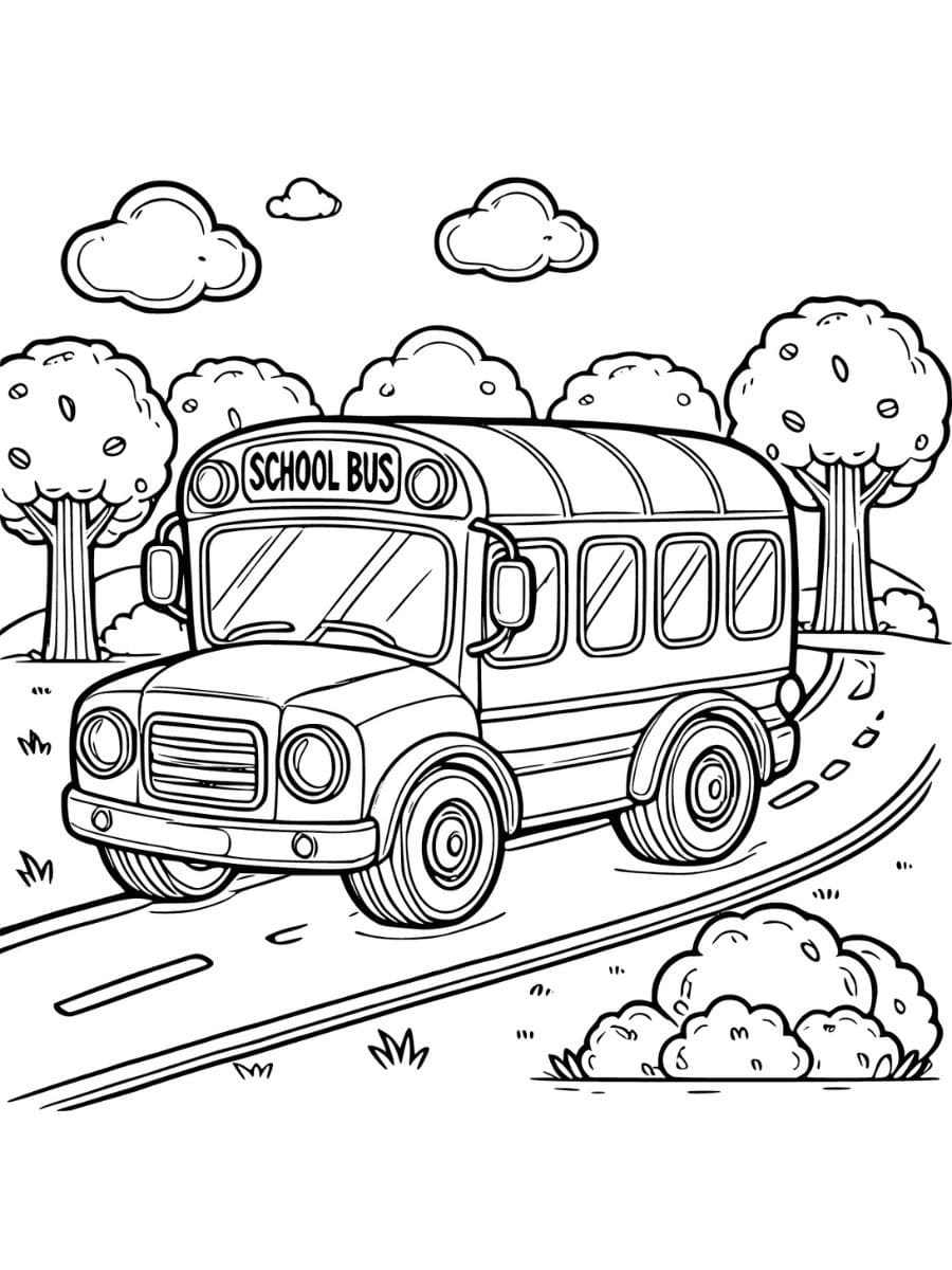 Coloring page of simple school bus driving on road with trees