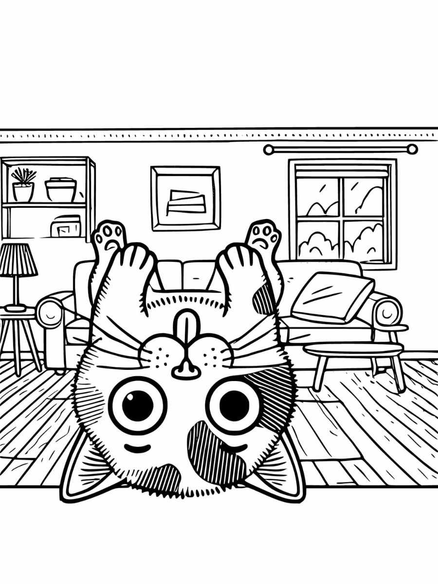 silly cat with exaggerated surprised face upside down on couch coloring pages