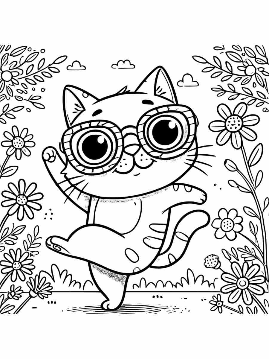 silly cat with goofy grin oversized sunglasses dancing coloring pages