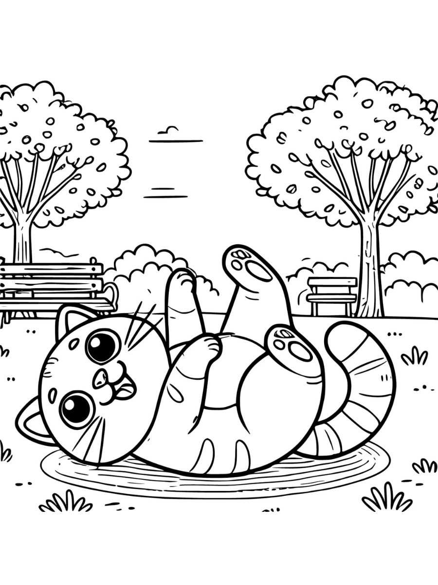 silly cat with goofy smile rolling on back coloring pages