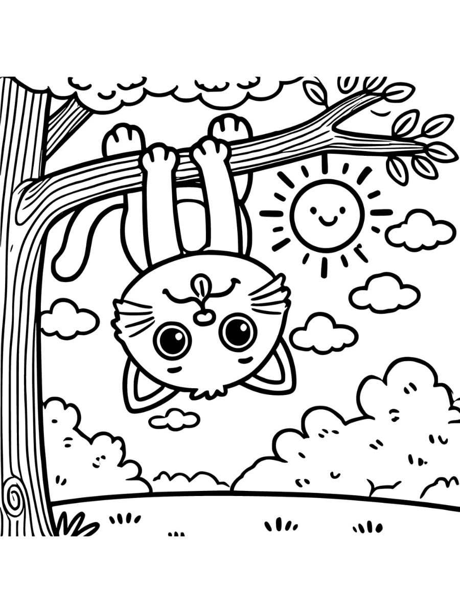 silly cat with mischievous grin hanging upside down from tree coloring pages