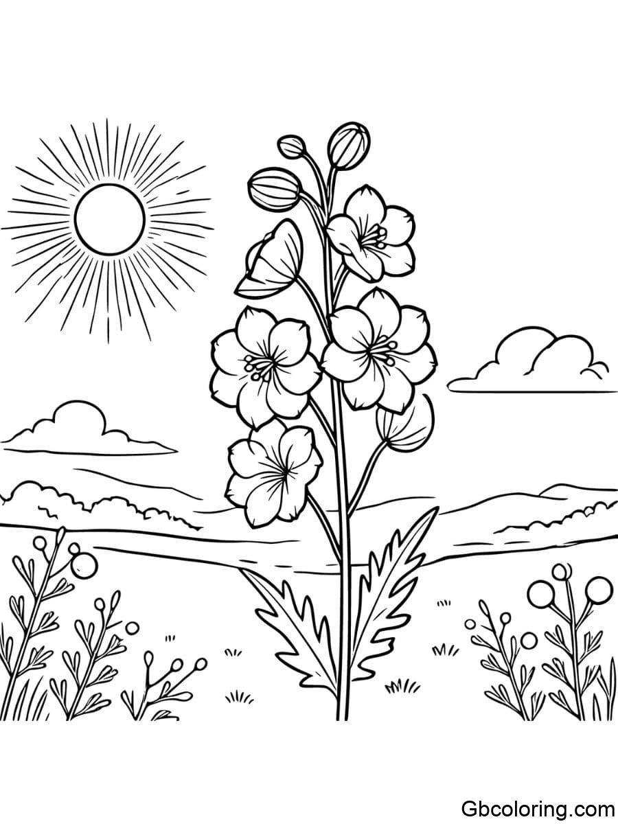 single delphinium coloring page on a sunny day