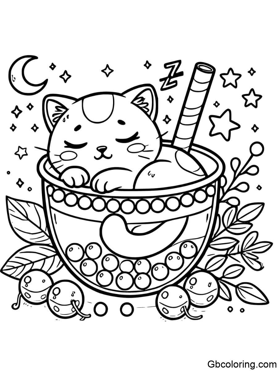 sleeping boba cat inside cup coloring pages