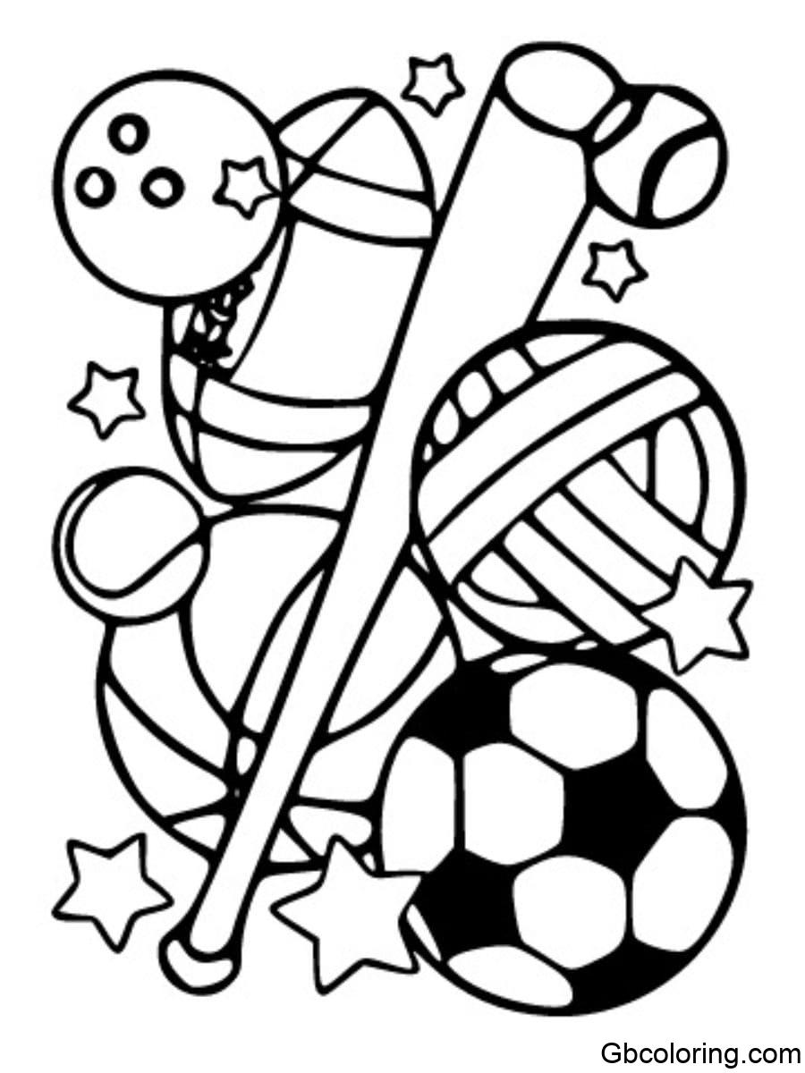 sport coloring pages bowling ball soccer ball volleyball baseball bat with stars