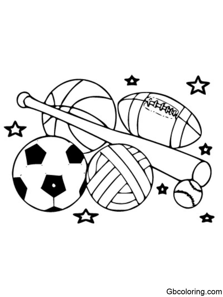 sport coloring pages soccer ball basketball volleyball baseball and bat with stars