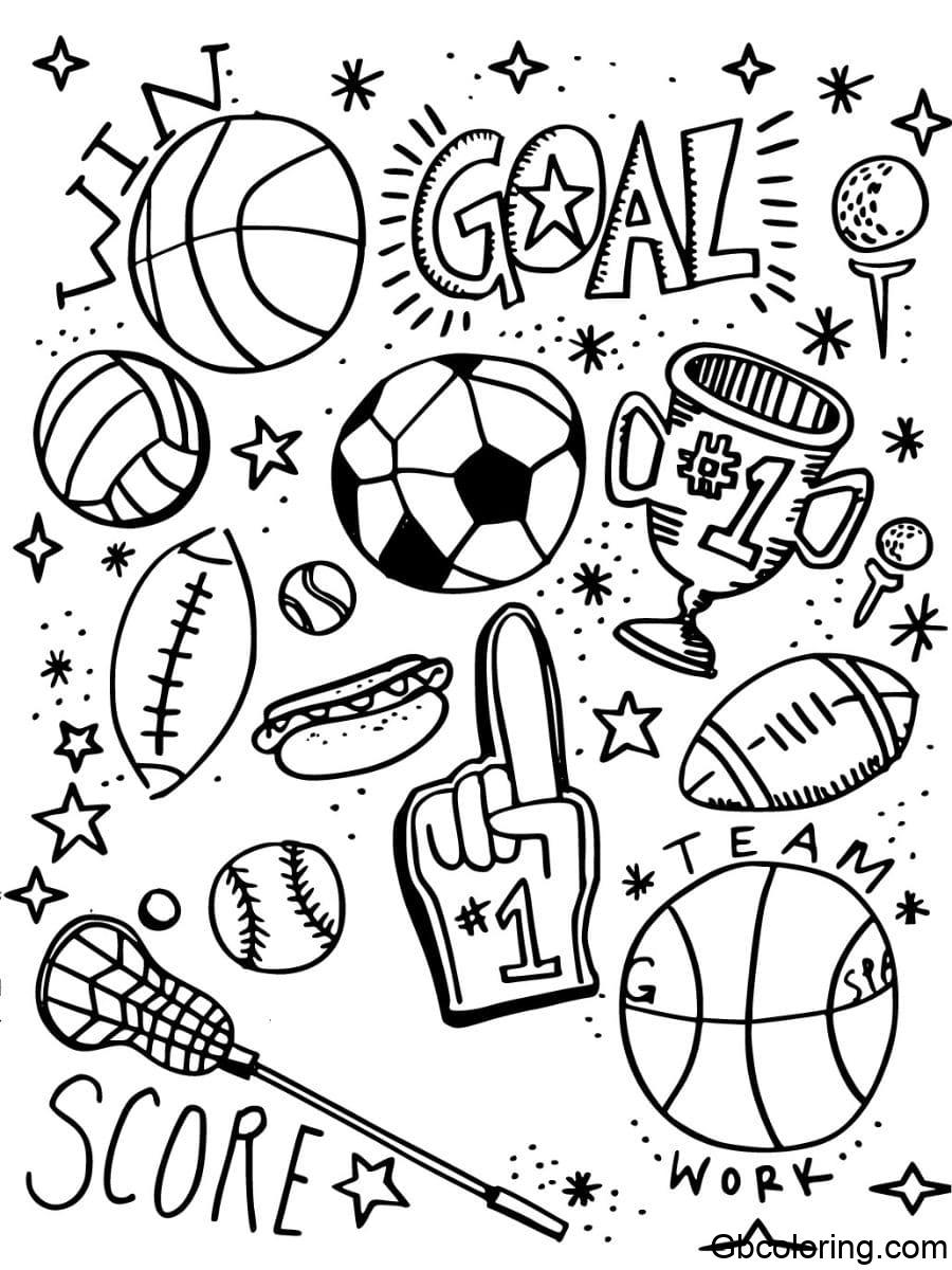 sport coloring pages basketball football foam finger hot dog baseball and trophy with win and goal words