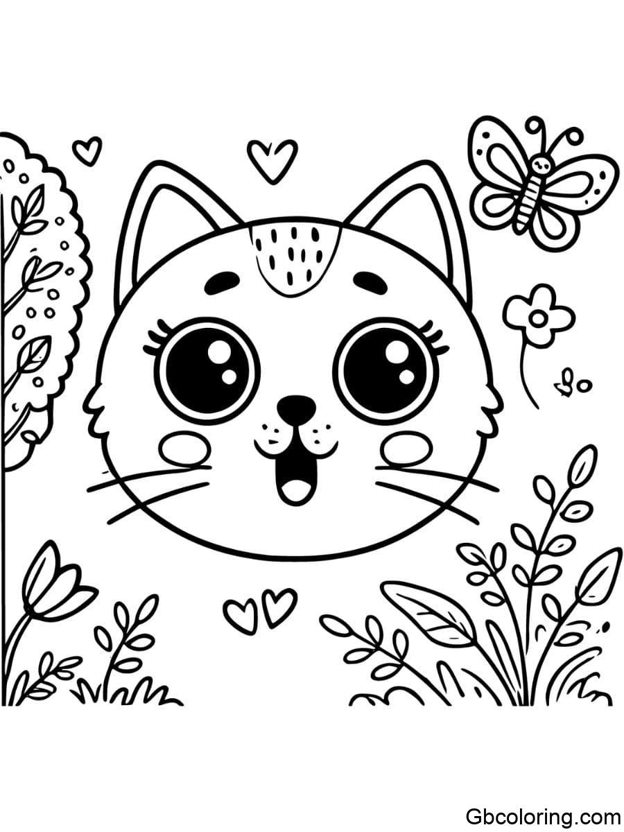 surprised cat face with butterfly coloring pages