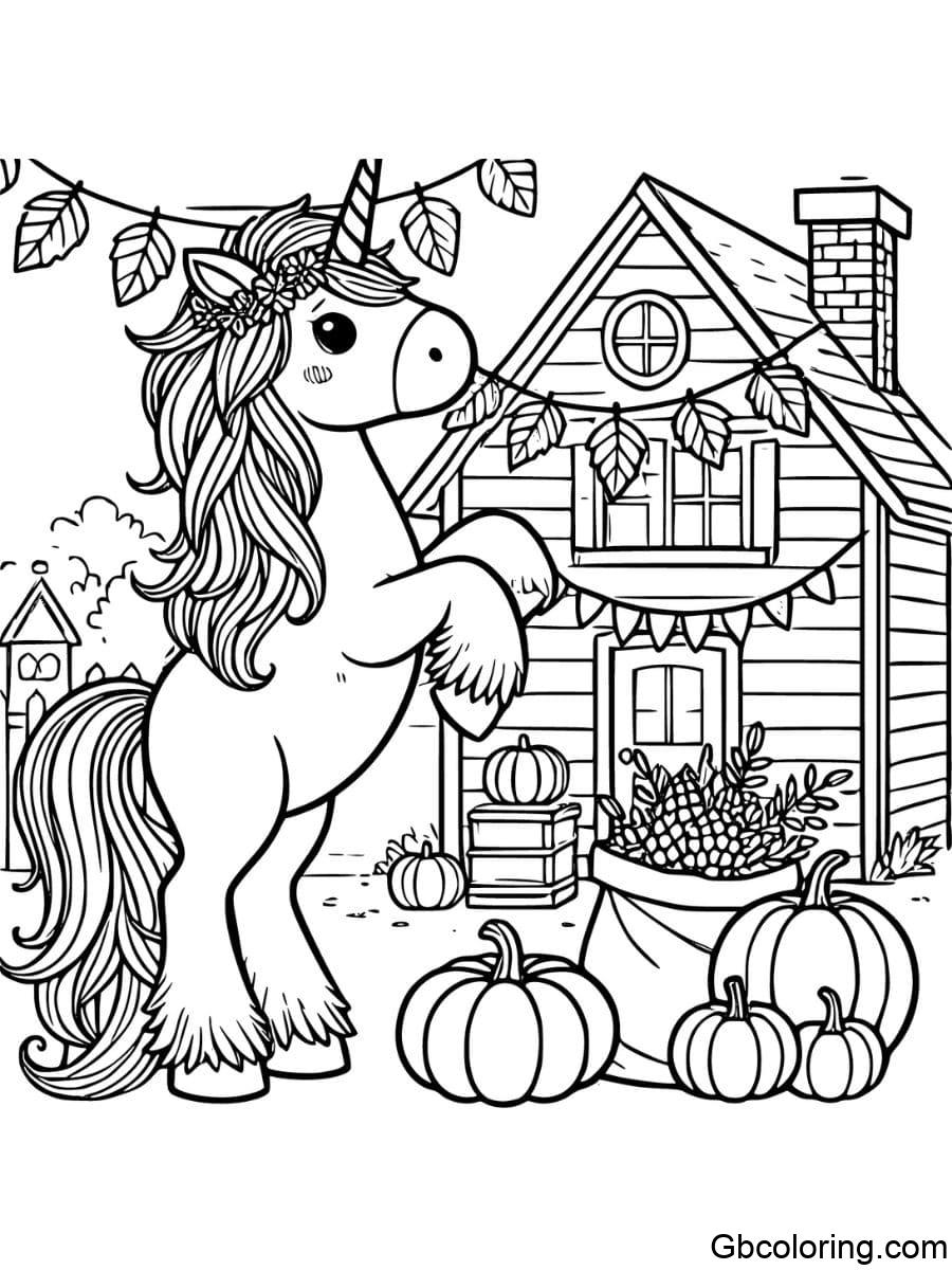 thanksgiving unicorn decorating house coloring pages