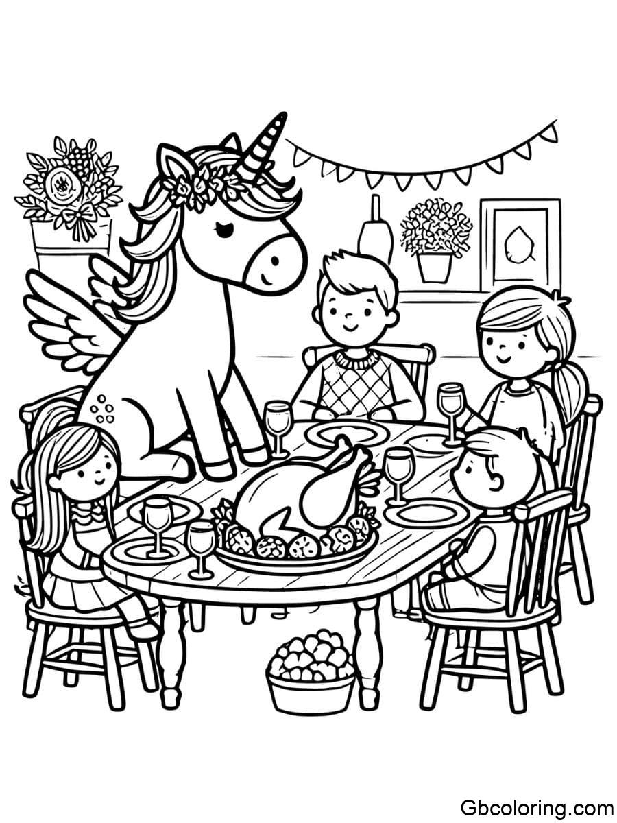 thanksgiving unicorn family dinner table coloring pages