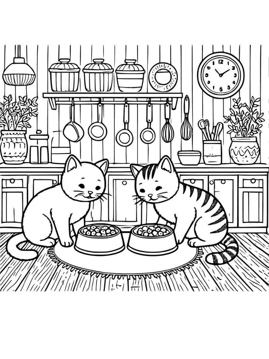 two cats eating in kitchen coloring pages