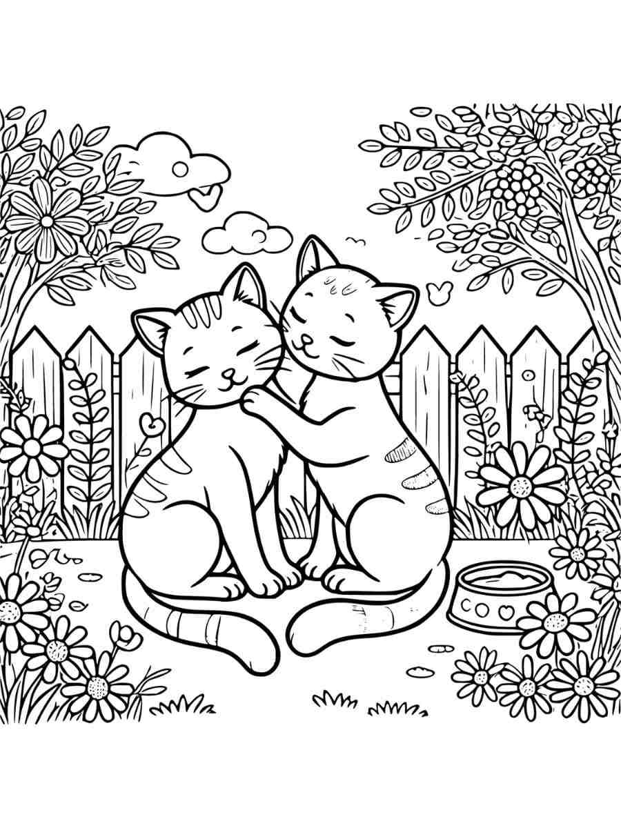 two cats grooming in garden coloring pages