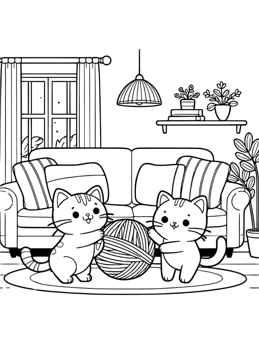 two cats playing with yarn coloring pages