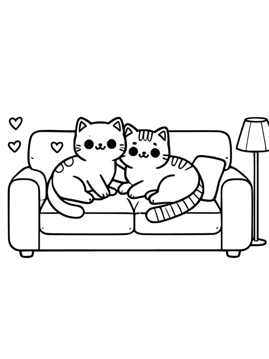 two cats resting on sofa coloring pages