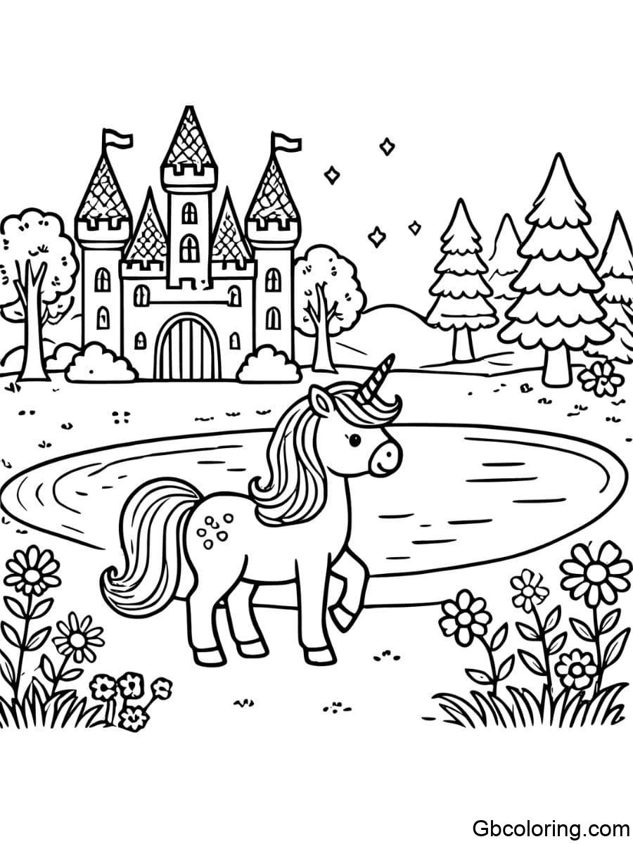 unicorn and castle by a lake coloring page