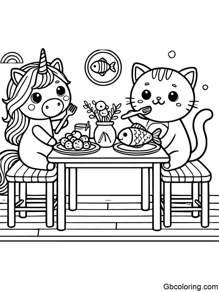 unicorn and cat coloring pages having dinner