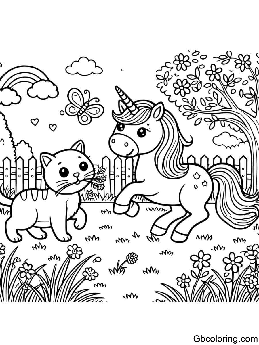 unicorn and cat coloring pages playing in the garden