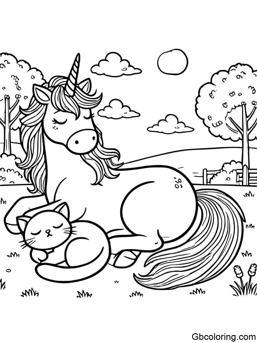 unicorn and cat coloring pages taking a nap