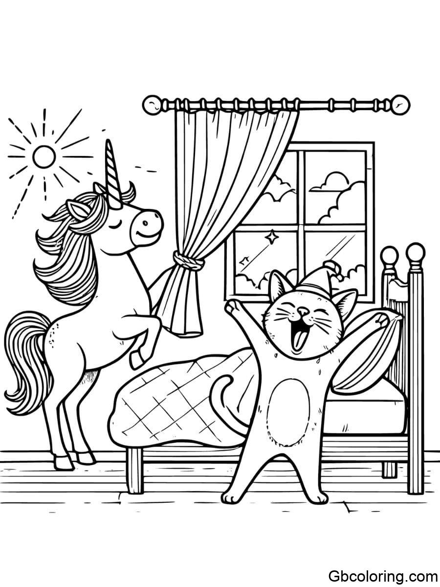 unicorn and cat coloring pages waking up